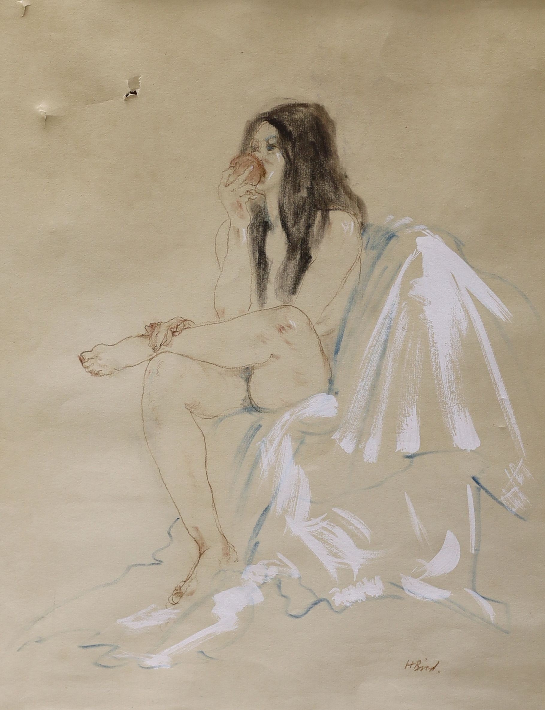 Henry Richard Bird (1909-2000), pastel and gouache on paper, Sketch of a seated nude eating an apple, 45 x 36cm, unframed (a.f.)